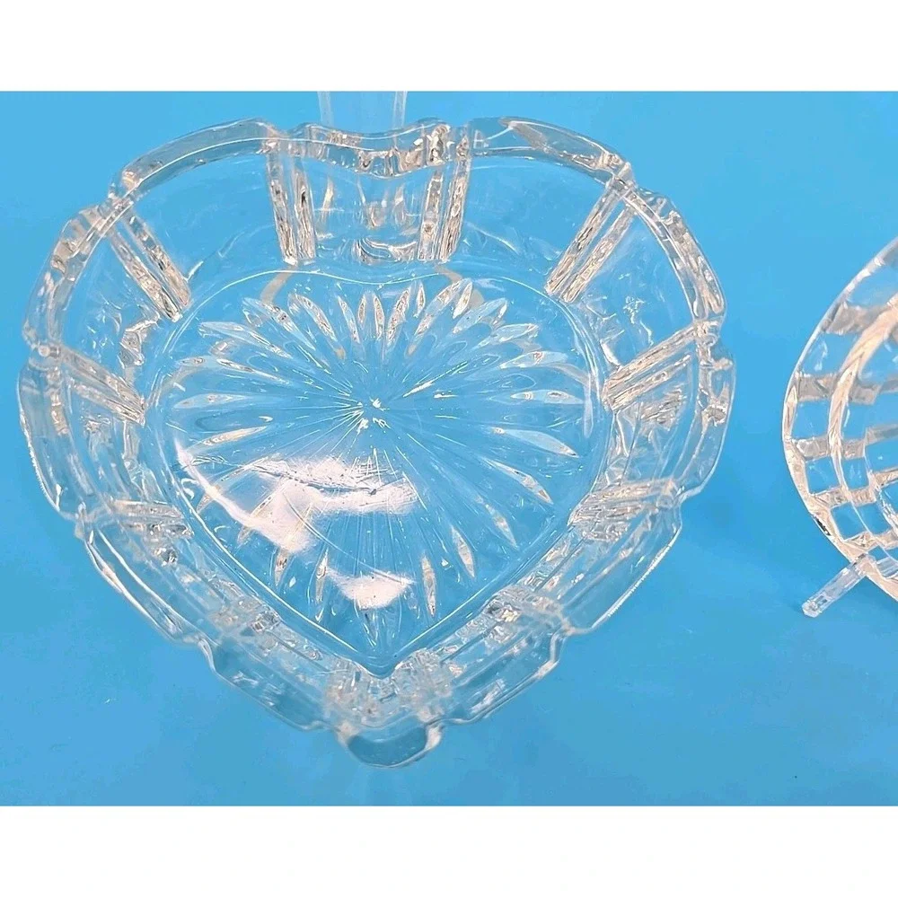 Vintage Heart Shaped Crystal Trinket Jewelry Box W/ Lid- Some‎ Small Chips